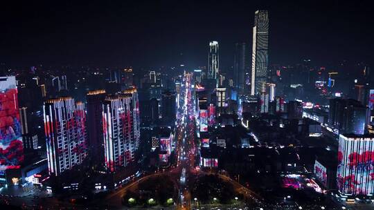 长沙城市夜景道路航拍