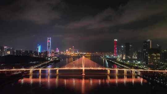 珠海夜景航拍横琴大桥夜晚城市建筑灯光风光