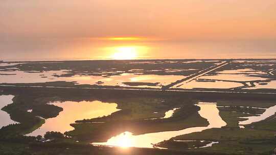 金色日出上海崇明岛东滩湿地全景