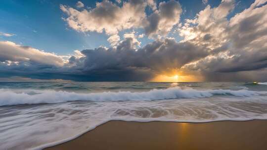 海边日落海浪与天空景象
