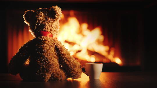 壁炉旁的小熊玩偶视频素材模板下载