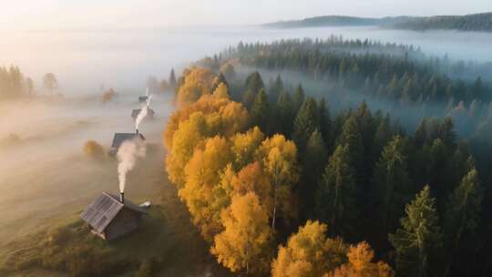 秋日山林晨雾中的木屋