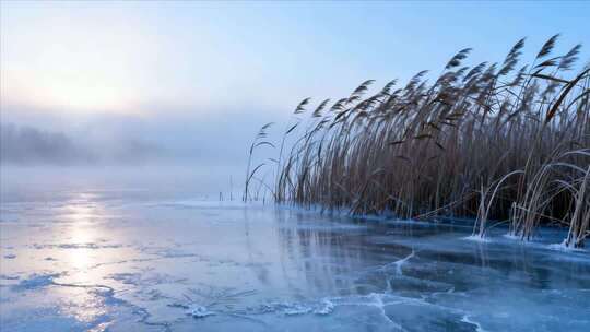冬日结冰湖面芦苇景观