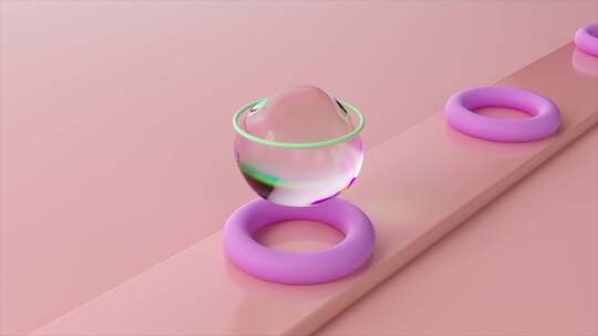 带有光环的虹彩气泡漂浮在粉彩平台上方，在视频素材模板下载