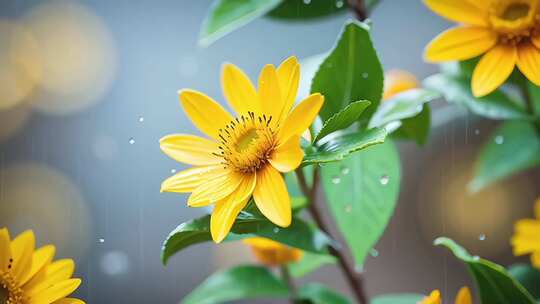 下雨意境菊花植物黄花