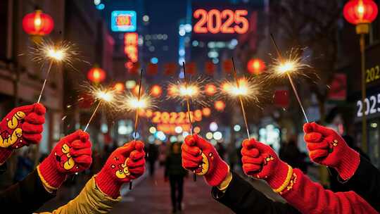 新年人们手拿仙女棒在庆祝元旦