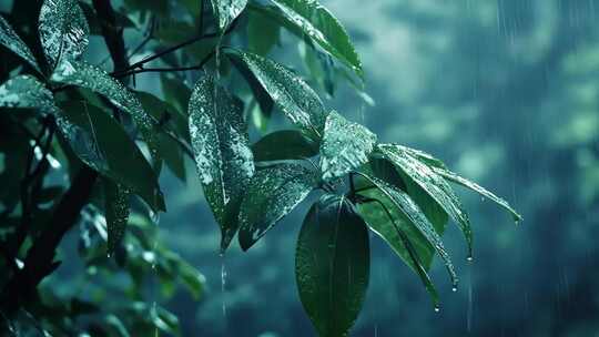 雨中树叶特写，唯美雨天空境，春天雨水节气