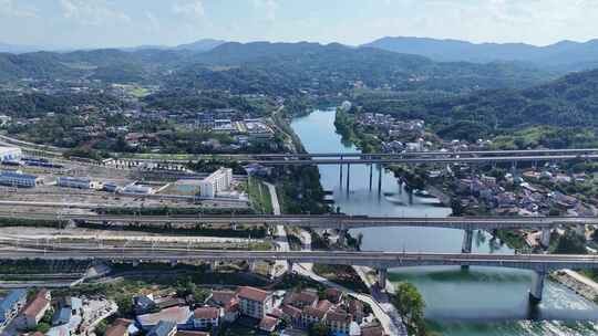 火车高速路跨河大桥交通航拍