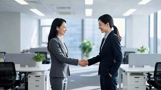 办公室内两位白领握手场景