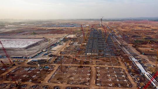 航拍延时建设鄂州花湖机场鄂州顺丰货运机场视频素材模板下载