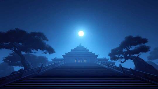 月夜下的东方古建筑神秘氛围