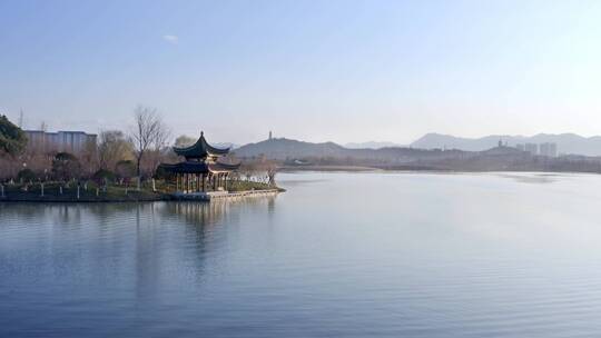 航拍杭州萧山著名景点湘湖风景区