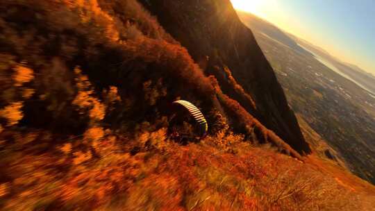 FPV无人机航拍动力滑翔伞飞行日出森林高山