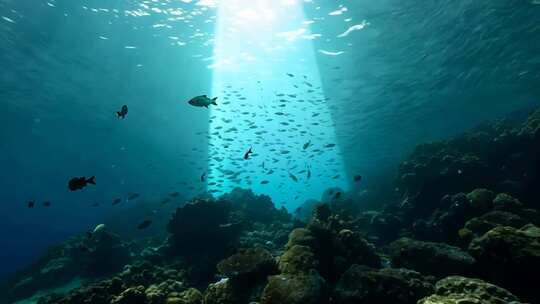 4k阳光透过海面大海里的鱼群海洋生物