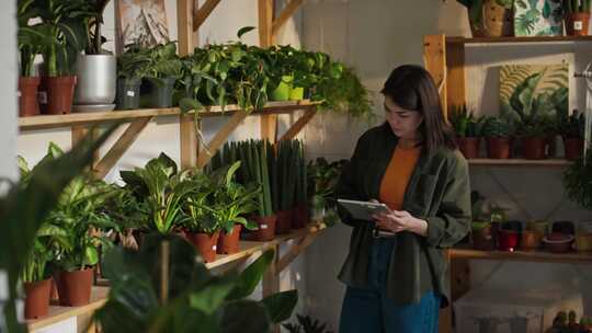 植物商店，工人，平板电脑，女人