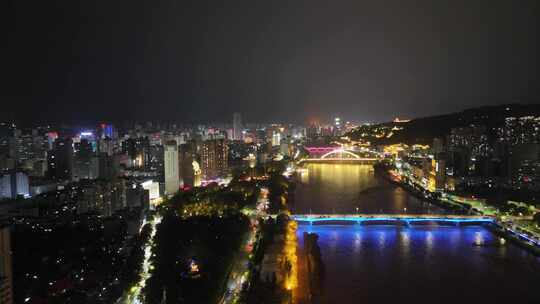 甘肃兰州黄河两岸夜景灯光航拍