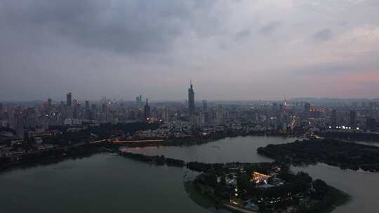 江苏南京夕阳晚霞夜幕降临夜景灯光航拍