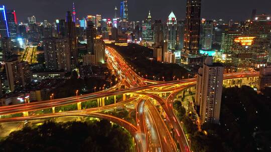 上海延安高架城市天际线夜景航拍
