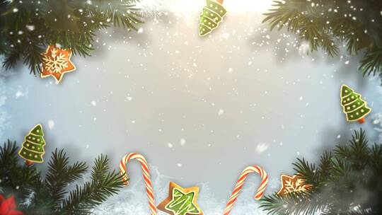4K可加文字圣诞绿树枝和雪花飘落背景