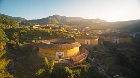 福建永定客家土楼航拍夕阳唯美古建筑圆楼