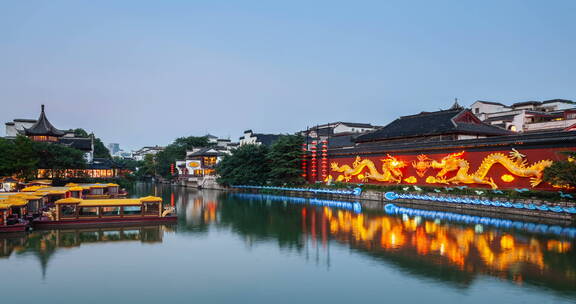 南京夫子庙在傍晚的秦淮河与壁照延时