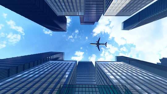 商务飞机飞过金融写字楼穿越城市