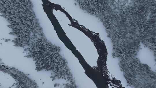 航拍新疆喀纳斯河雪景视频素材模板下载