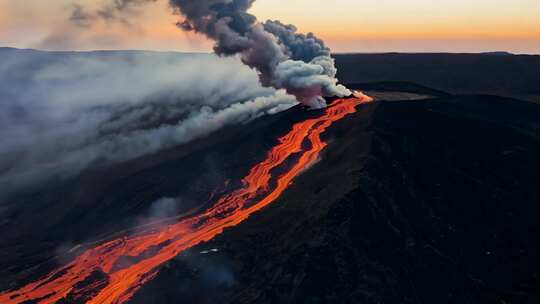 火山喷发流淌熔岩的壮观景象