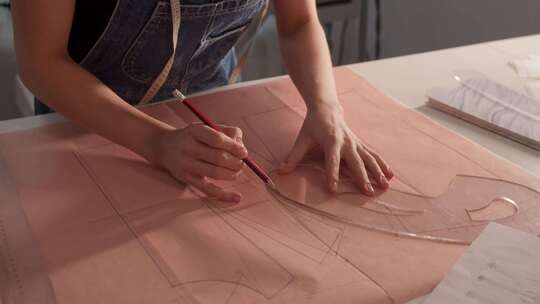 一个女人正在一块粉色织物上画图案视频素材模板下载
