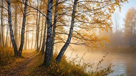 晨曦中的金色白桦林