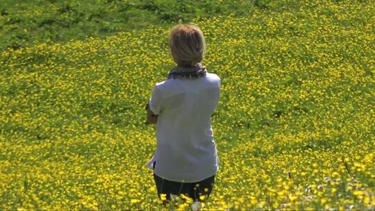 一个女人凝视着黄色的花田