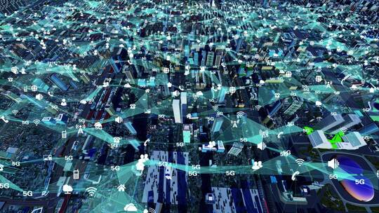 5g网络信号覆盖的智慧城市空中俯瞰