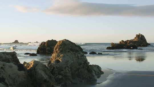 清晨海边海浪拍打礁石海岸海鸥飞翔