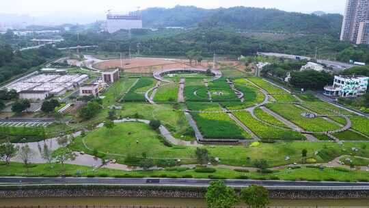 航拍深圳光明区楼村湿地公园风景