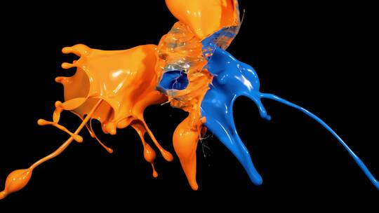 蓝色橙色液体颜料泼洒飞溅