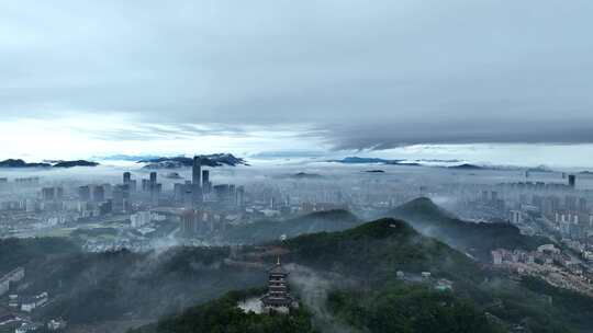 台州椒江城市平流雾地标建筑航拍