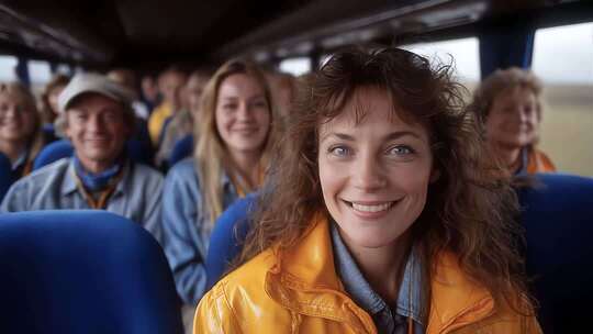 巴士旅途中的微笑人群