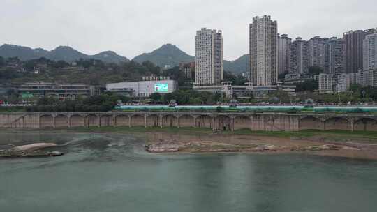 重庆江景岸边建筑航拍