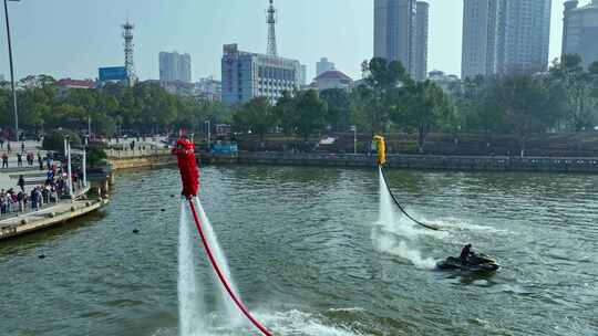 水上飞人舞狮表演航拍素材