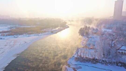 东北冬季雾凇树挂洁白唯美雪景航拍