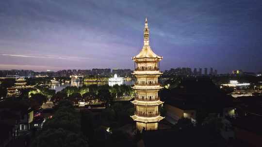 航拍平湖报本禅寺报本塔夜景风光