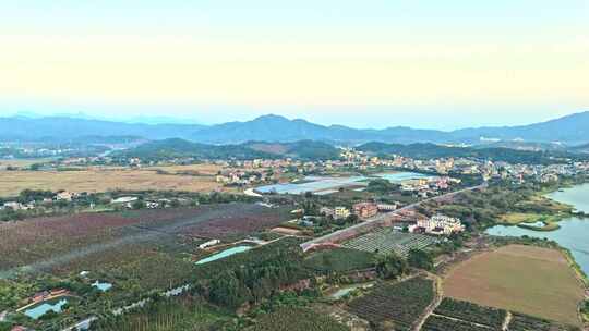 航拍冬季白昼惠州横沥东江边城镇乡村场景