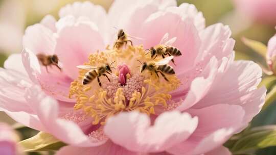 蜜蜂在粉色牡丹花上采蜜