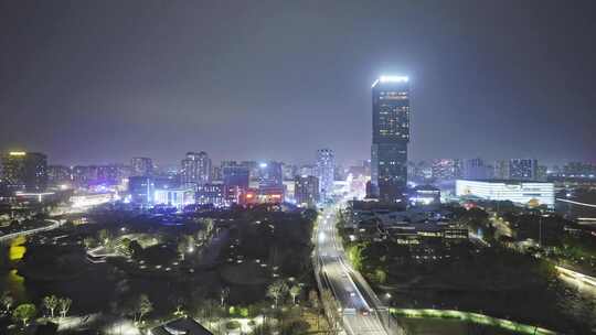 上海嘉定区嘉定新城建筑傍晚夜景视频素材模板下载