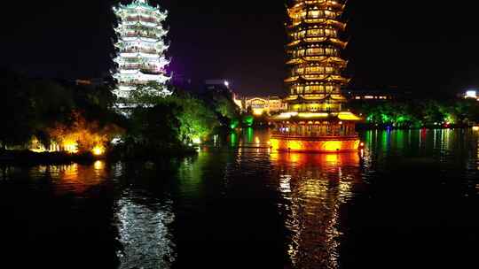 广西桂林日月双塔夜景灯光航拍