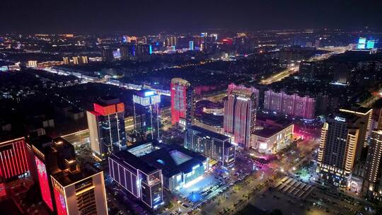 航拍扬州西区明月湖大桥夜景京华城商圈全景