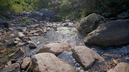 溪流清澈溪水从山间树林石缝流出倒影阳光