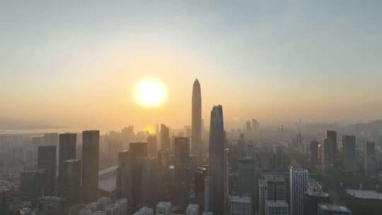 深圳福田区市中心航拍平安大厦夕阳黄昏日落