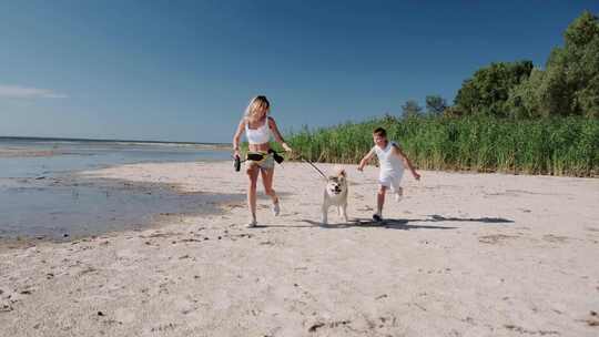 快乐的女人和孩子在海边和秋田犬一起跑步