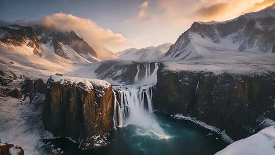 雪山瀑布自然风光全景